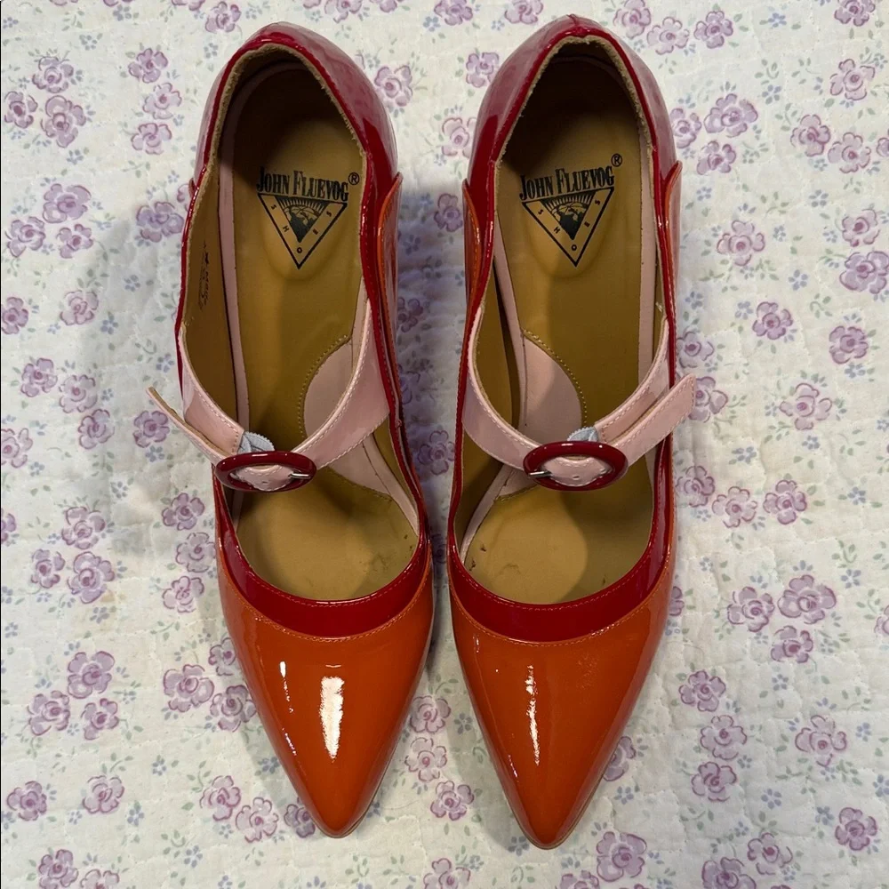 John Fluevog Orange, Red & Pink Patent Mary Jane Pumps - Picture 2 of 9